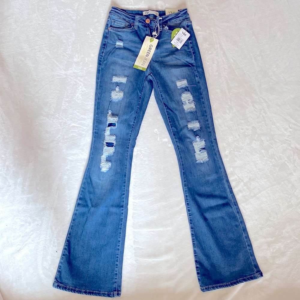 YMI Women's High Rise Extreme Ripped Flare Jean Plant Based Jeans — Size 3